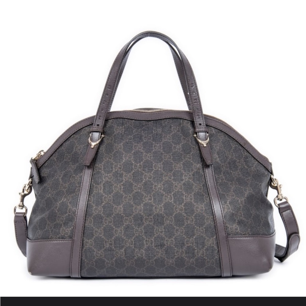 Gucci GG Supreme Boston Satchel Brown Leather Trim  -Crossbody Strap - Dustbag